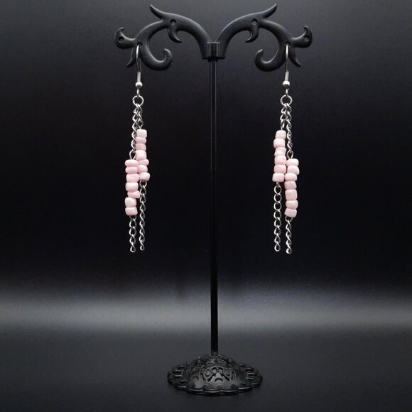Light Pink Boho Bohemian Beaded Chain Dangle Drop Earrings Handmade Jewelry - Picture 4 of 7